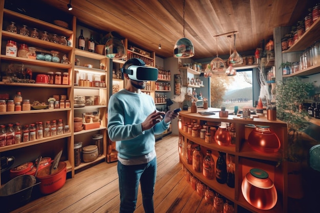 Man wearing virtual reality headset shopping in grocery store Generative AI