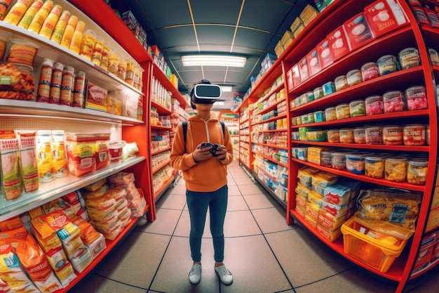 Man wearing virtual reality headset shopping in grocery store Generative AI