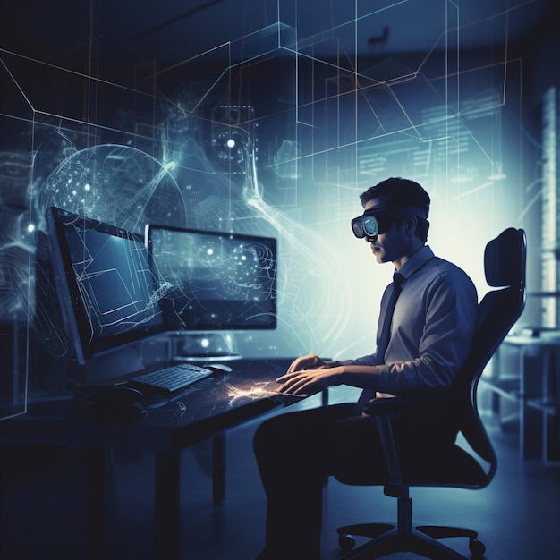 A man wearing a virtual reality headset sits at a desk with two monitors.