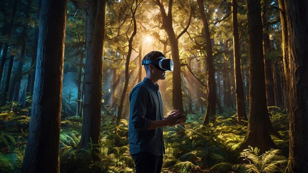 a man wearing a virtual reality headset stands in a forest with the sun shining through the trees