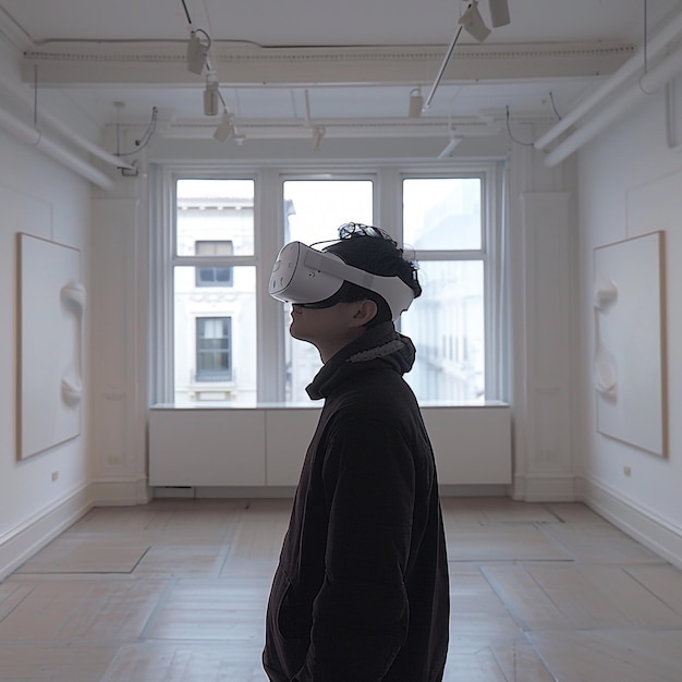 a man wearing a virtual reality headset stands in a room with paintings on the wall