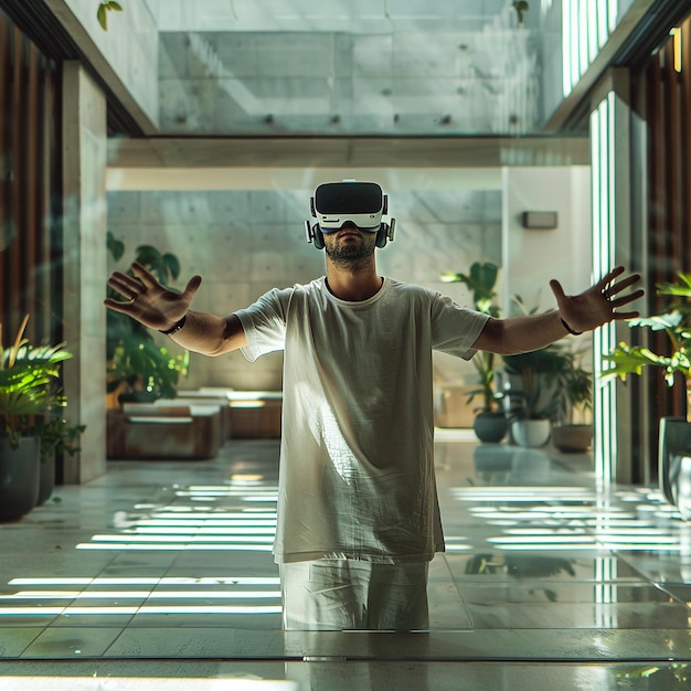 a man wearing a virtual reality headset stands in a room with plants and plants