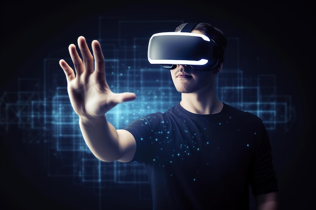 a man wearing a virtual reality headset touching the virtual object on blue tech background