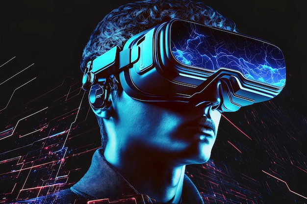 A man wearing a virtual reality headset with a lightning bolt on the front.