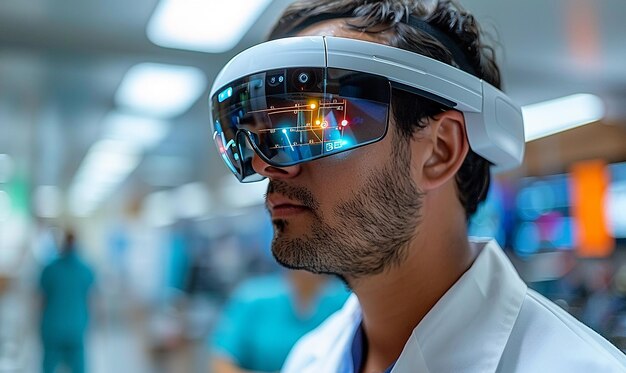 a man wearing a virtual reality headset with the lights on