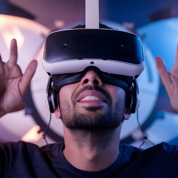 a man wearing a virtual reality headset with the word goggles