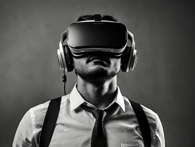 a man wearing a virtual reality headset with the words quot virtual quot on the bottom