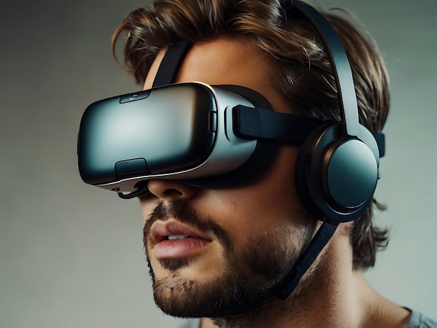 a man wearing virtual reality headset with the words quot virtual quot on the face