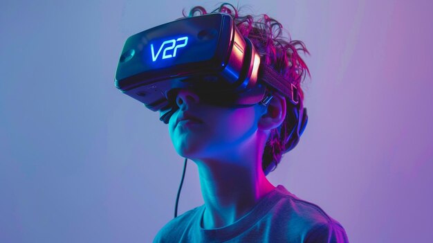 Photo a man wearing a virtual virtual virtual reality headgear with the word v on it