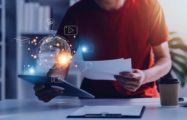 Man wearing VR glasses and accessing the Technology Internet multimedia Storage Network connection Concept And a large database big data Through internet technology