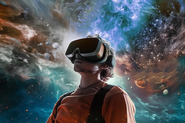 Man Wearing VR Glasses and Drowning in the Metaverse to Observing and Studying Space Knowledge