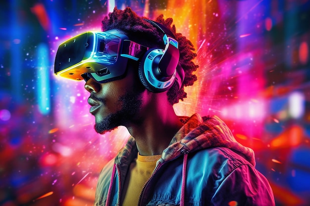 Man Wearing VR Glasses to Enter Music World Looks Enjoying Melody with Colorful Background