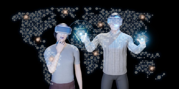 Man wearing vr glasses holographic world map Virtual touch and virtual world navigation technology