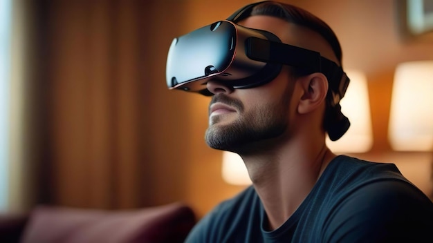 Man wearing VR glasses at home looking somewhere AR goggles Virtual reality headset