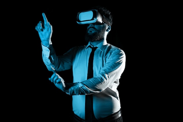 Man Wearing Vr Glasses And Pointing On Important Messages With one Finger and Pen Businessman Having Virtual Reality Eyeglasses And Showing Crutial Informations