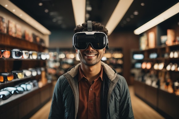 Photo a man wearing vr glasses stands in a store