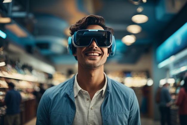 Photo a man wearing vr glasses stands in a store