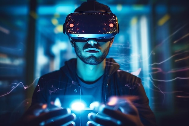 Man Wearing VR Glasses to Witness Advanced Future Technology in a Virtual Simulation World