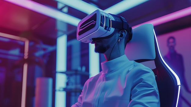 Man Wearing VR Headset in a Futuristic Setting with Neon Lights