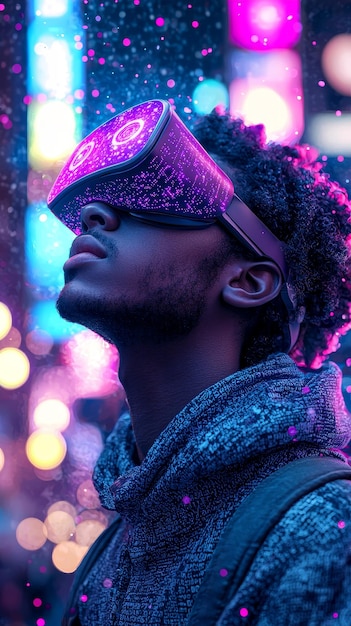 Man Wearing VR Headset in Neon Cityscape