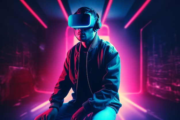 A man wearing a vr headset sits in front of a neon sign that says'vr'on it