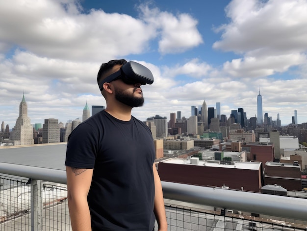 A man wearing a vr headset stands in front of a city generative ai