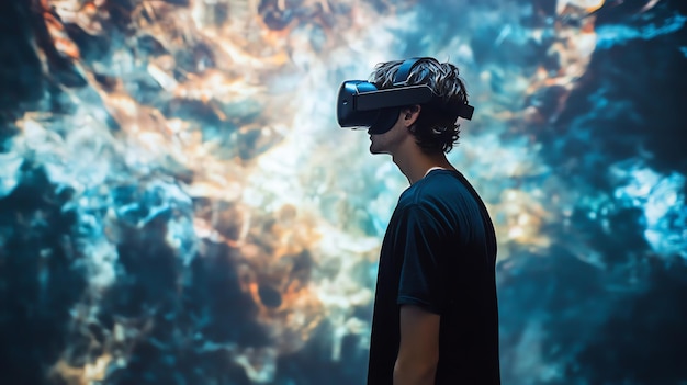 Photo a man wearing a vr headset stands in front of a colorful background