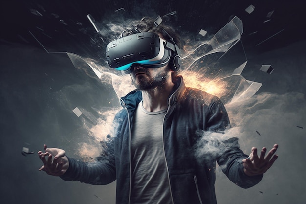 A man wearing a vr headset stands in front of a futuristic background.