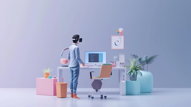 A man wearing a VR headset stands in front of his computer desk in a modern pastelcolored office