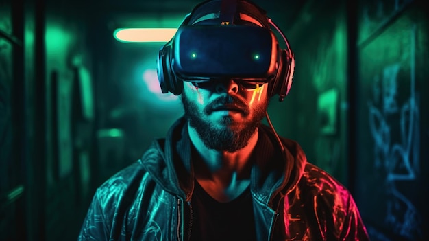 A man wearing a vr headset stands in front of a neon - lit building.