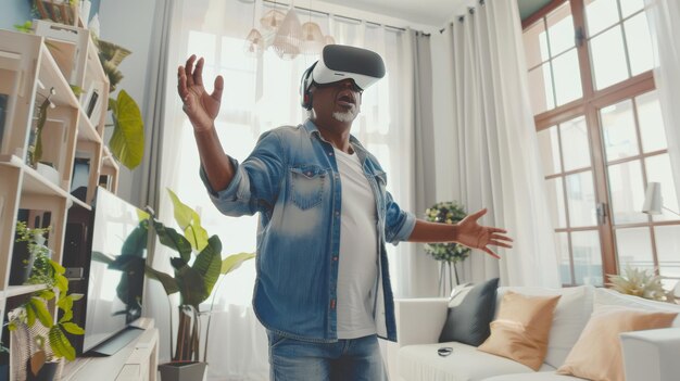 A man wearing a VR headset stands immersed in a virtual world gesturing passionately in a bright modern living room