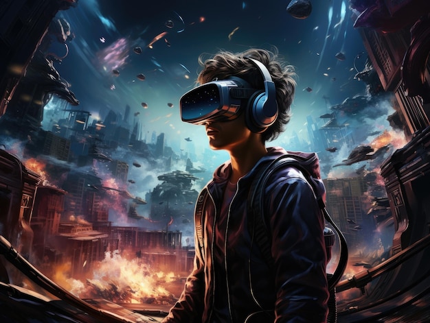 A man wearing a VR headset surreal world virtual reality and war scene the background is ancient architecture Generative AI