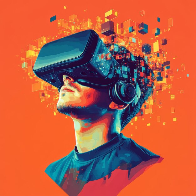 A man wearing a VR headset surrounded by digital pixels looking up in awe