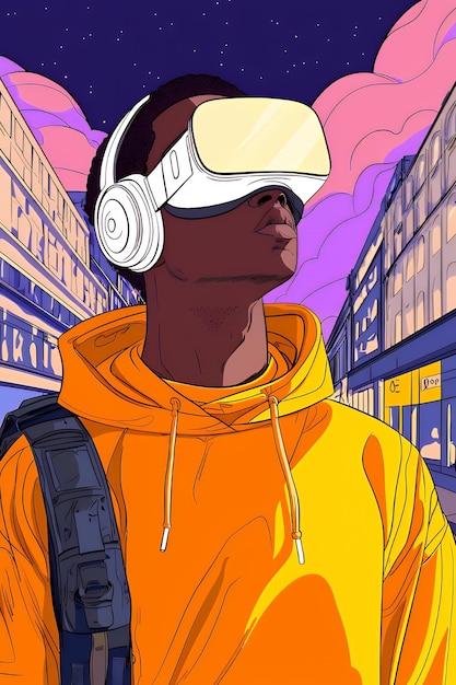 Man Wearing VR Headset in Urban Setting