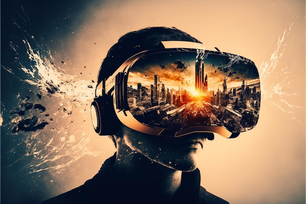 A man wearing a vr headset with a cityscape in the background.