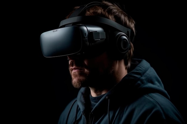 A man wearing a vr headset with the word vr on the front.