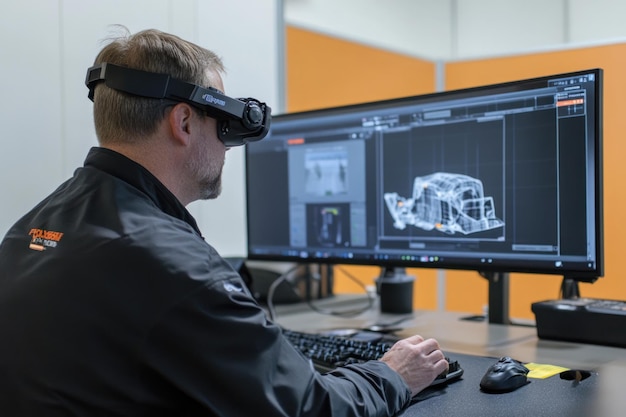 Man wearing VR headset working on computer with 3D model design