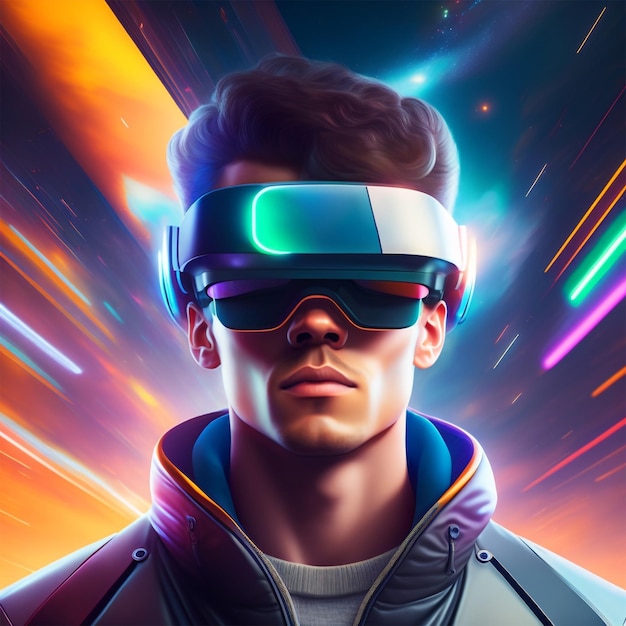 A man wearing a vr helmet with a colorful background in Metaverse