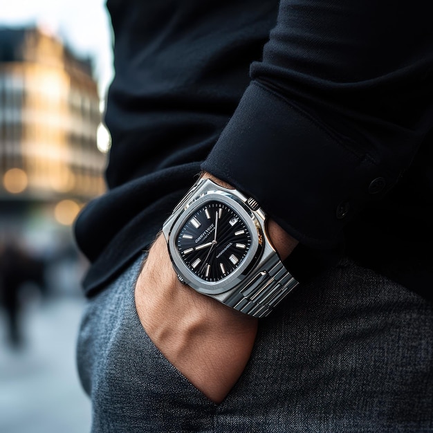 a man wearing a watch that says  the time  on the face