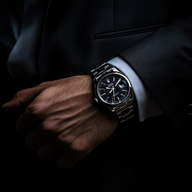 a man wearing a watch that says  the time