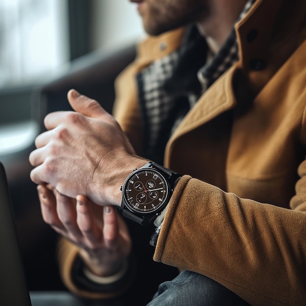 a man wearing a watch that says quot watch quot on the wrist