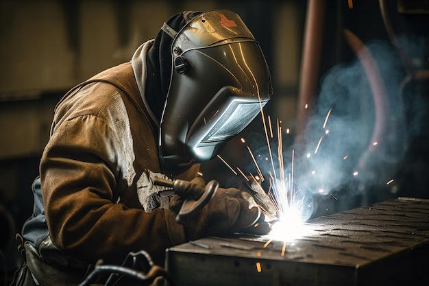 A man wearing a welding helmet works on a piece of metal.