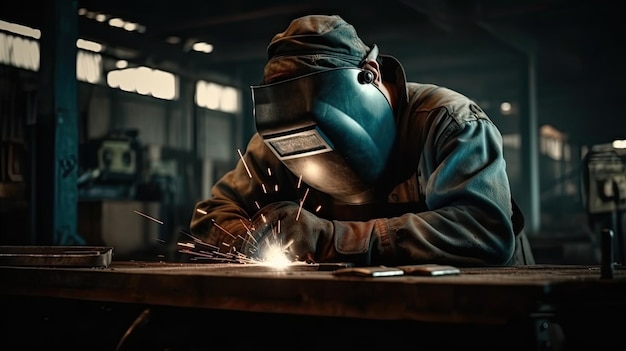 A man wearing a welding mask and a hat is welding a piece of metal.