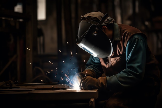 A man wearing a welding mask works on a piece of metal.