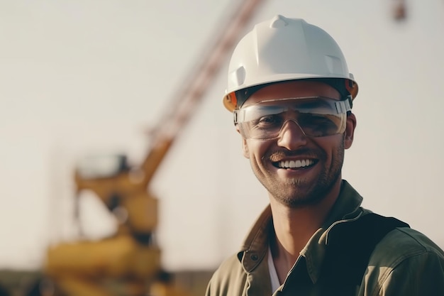 A man wearing a white hard hat and glasses stands in front of a construction site