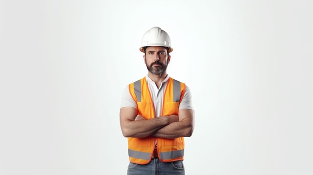 A man wearing a white hard hat and orange vest stands with his arms crossed in front of his chest