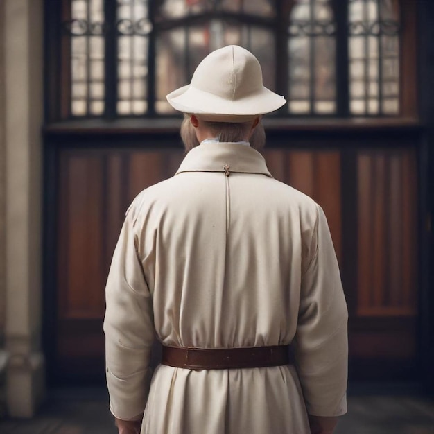 Photo a man wearing a white hat stands in front of a door