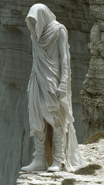 a man wearing a white hooded robe standing on the edge of a huge cliff