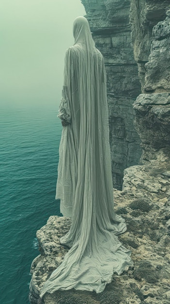 man wearing a white hooded robe standing on the edge of a huge cliff