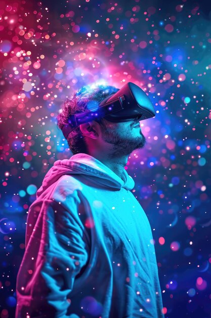 Photo a man wearing a white hoodie is looking at a virtual reality headset